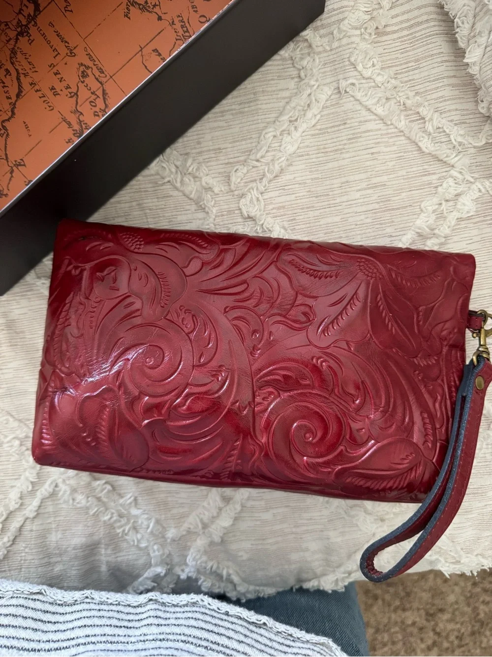 Patricia Nash Burgundy Embossed Leather Fold-Over Wristlet Clutch